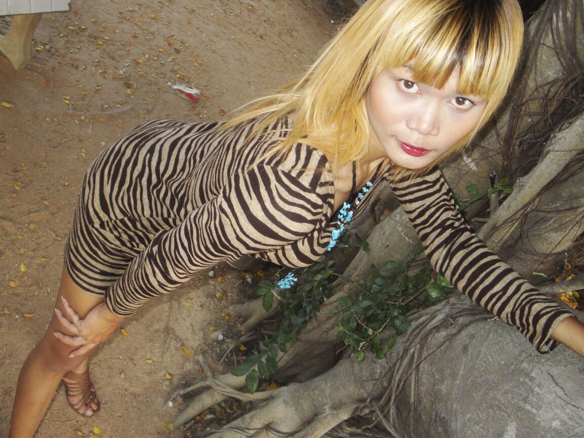 17P Ladyboy asiatique blonde avec une petite bite expose des nus au photographe en extérieur