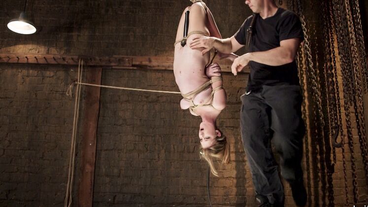 15P All natural babe in flying hogtie, super sensitive pussy is splayed open for