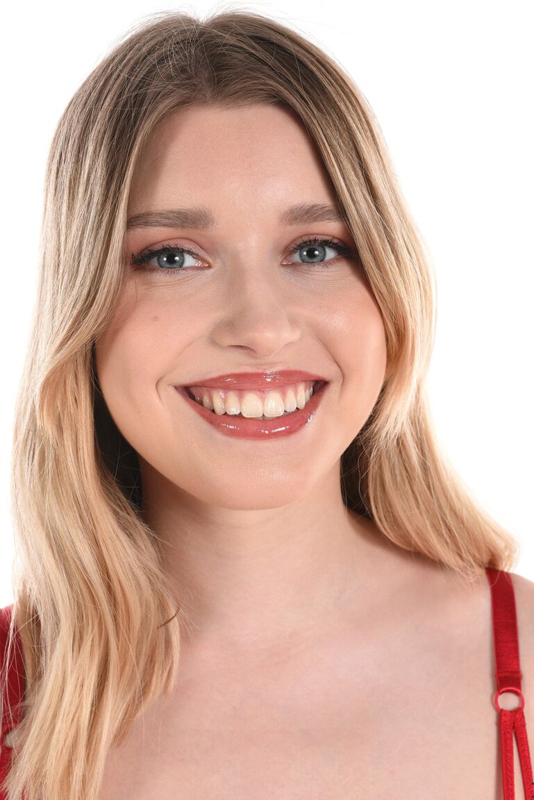 15P Beautiful blonde Freya Mayer masturbates with a vibrator in red stockings