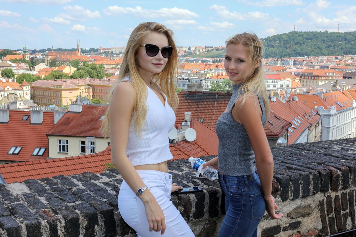21P Blondes Jati & Dianna strip & flaunt their bodies on a yellow water mattress