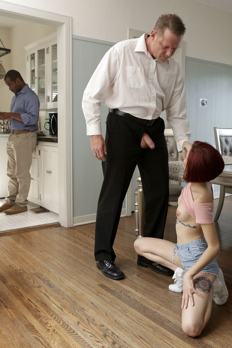 18P Sassy petite redhead Lola Fae fucks her horny old stepdad on the dining table