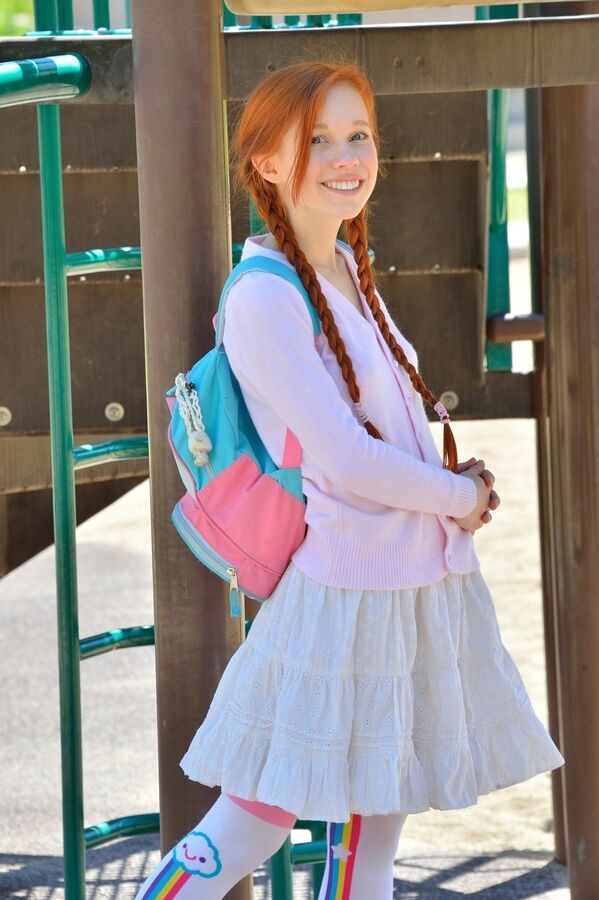 15P Young redhead in pigtails flashes pussy at the playground & toys in socks