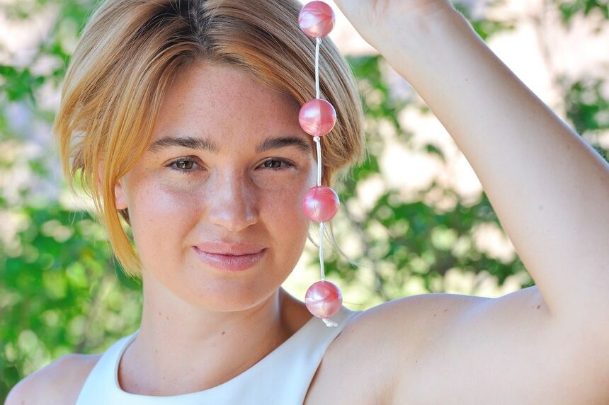 16P Short haired teen hikes short dress and inserts toys and banana into damp cunt