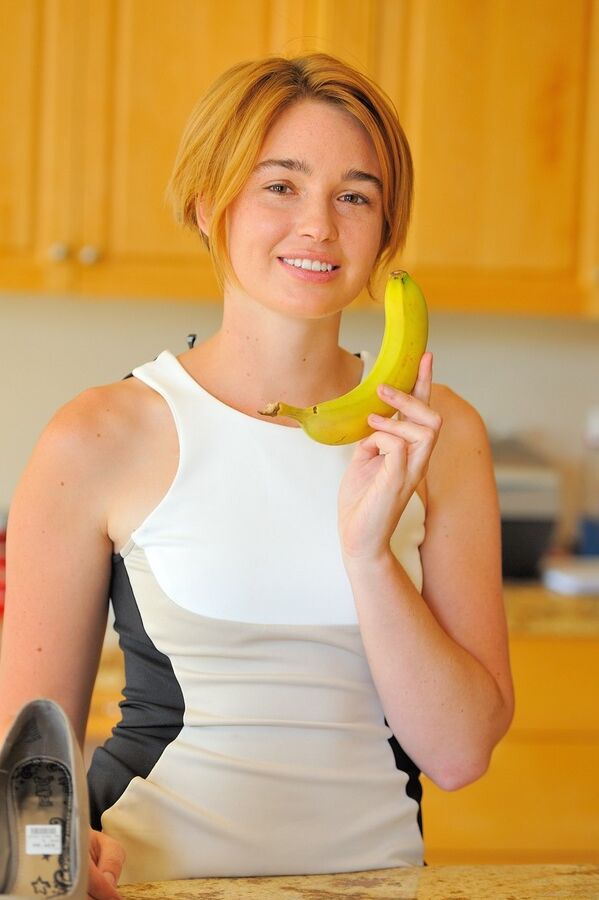 16P Short haired teen hikes short dress and inserts toys and banana into damp cunt