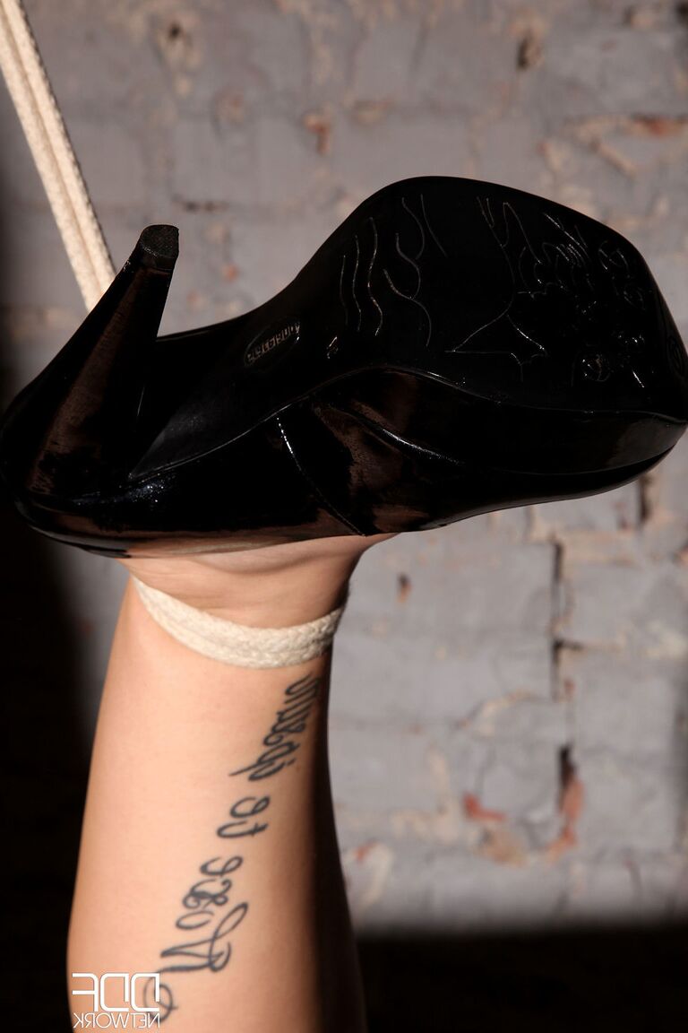 21P Inked ginger in heels Severin gets her beaver toyed while tied up