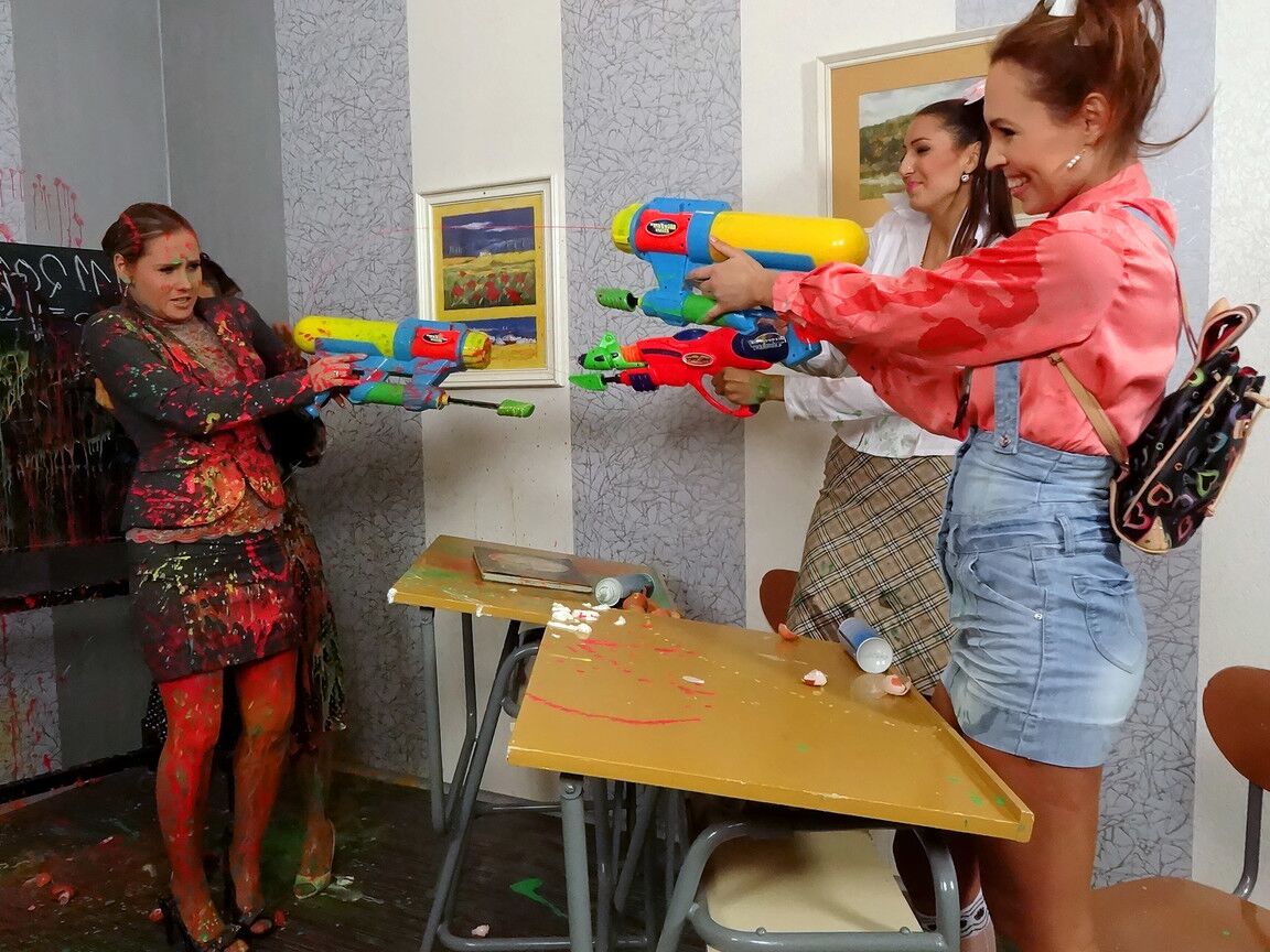 15P Schoolgirls soak their teacher with water guns before getting totally messy
