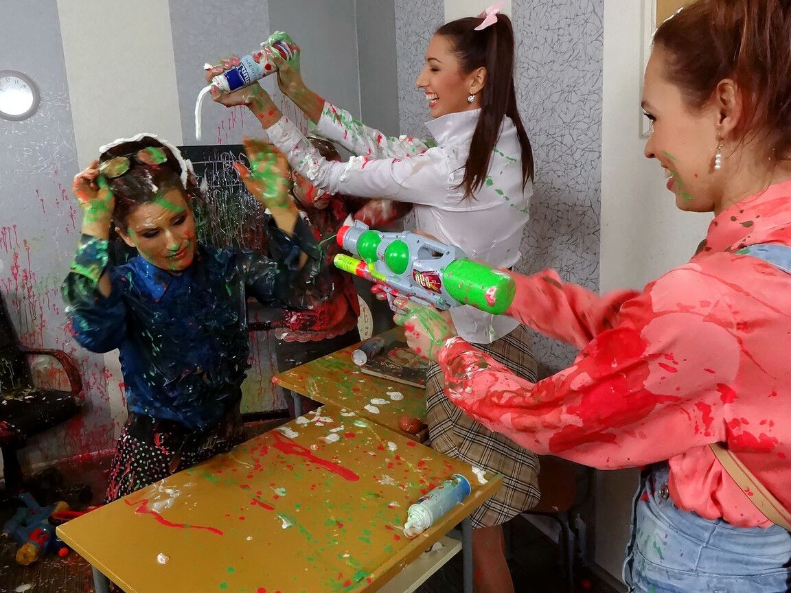 15P Schoolgirls soak their teacher with water guns before getting totally messy