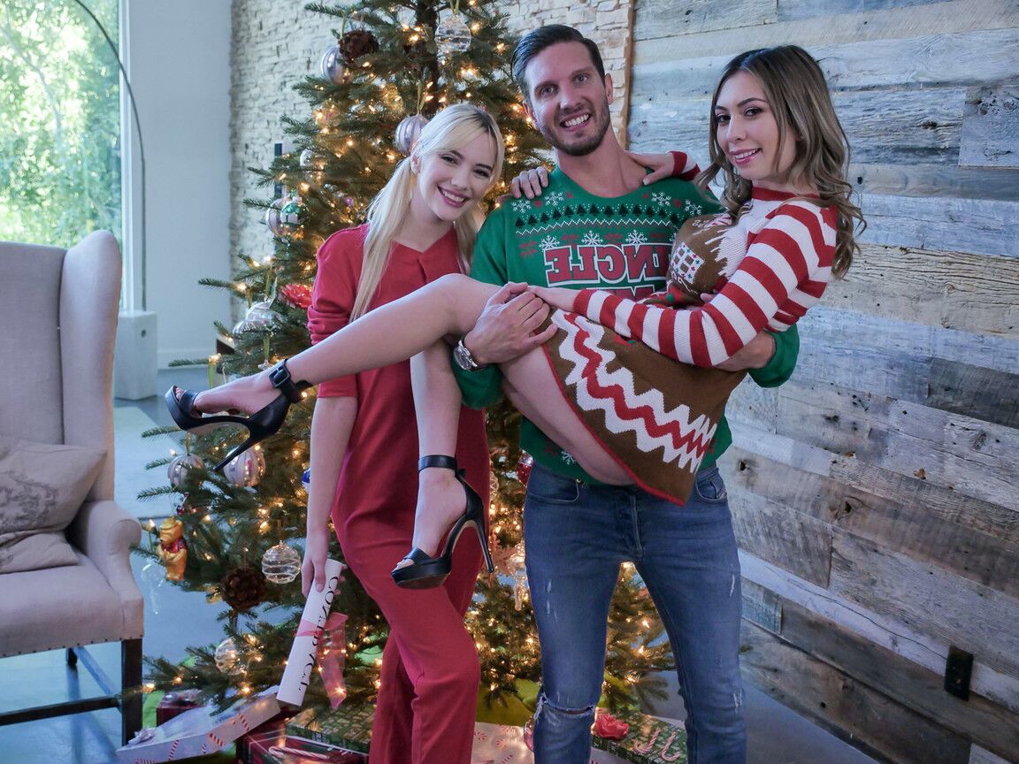 21P Horny babes Kenna James and Kat Dior undress and play with a dick on Christmas