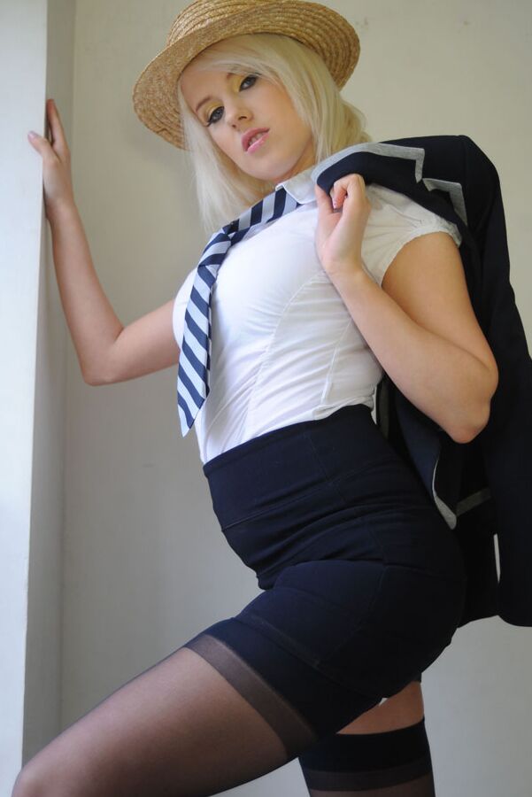 15P Blond girl Syren Sexton strips to nylons and necktie while at boarding school