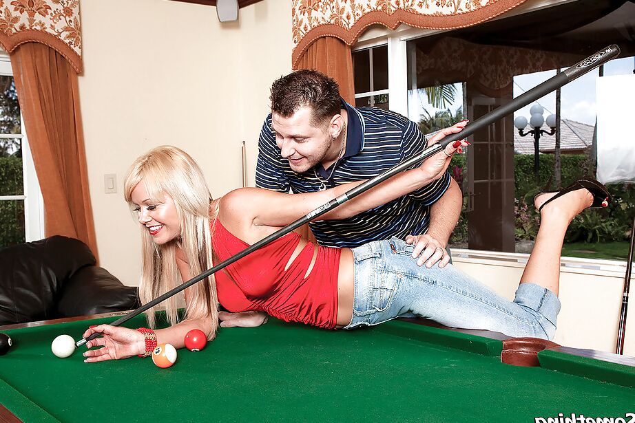 16P Sexy blonde in jeans Jenny Hamilton stripping and sucking on the pool table