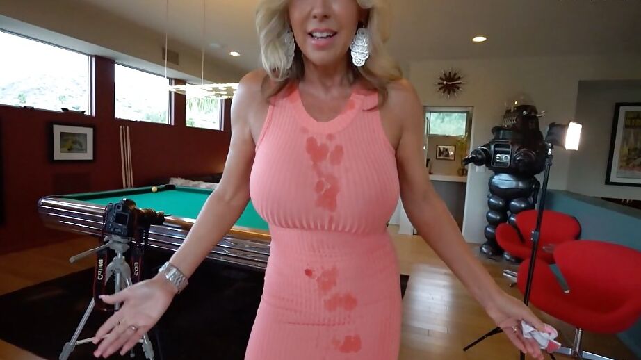 16P Clothed blonde housewife Sandra Otterson modeling on balcony and pool table