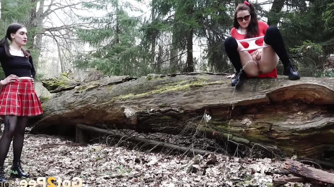 15P Sexy brunette takes a piss on a fallen tree while her girlfriend watches
