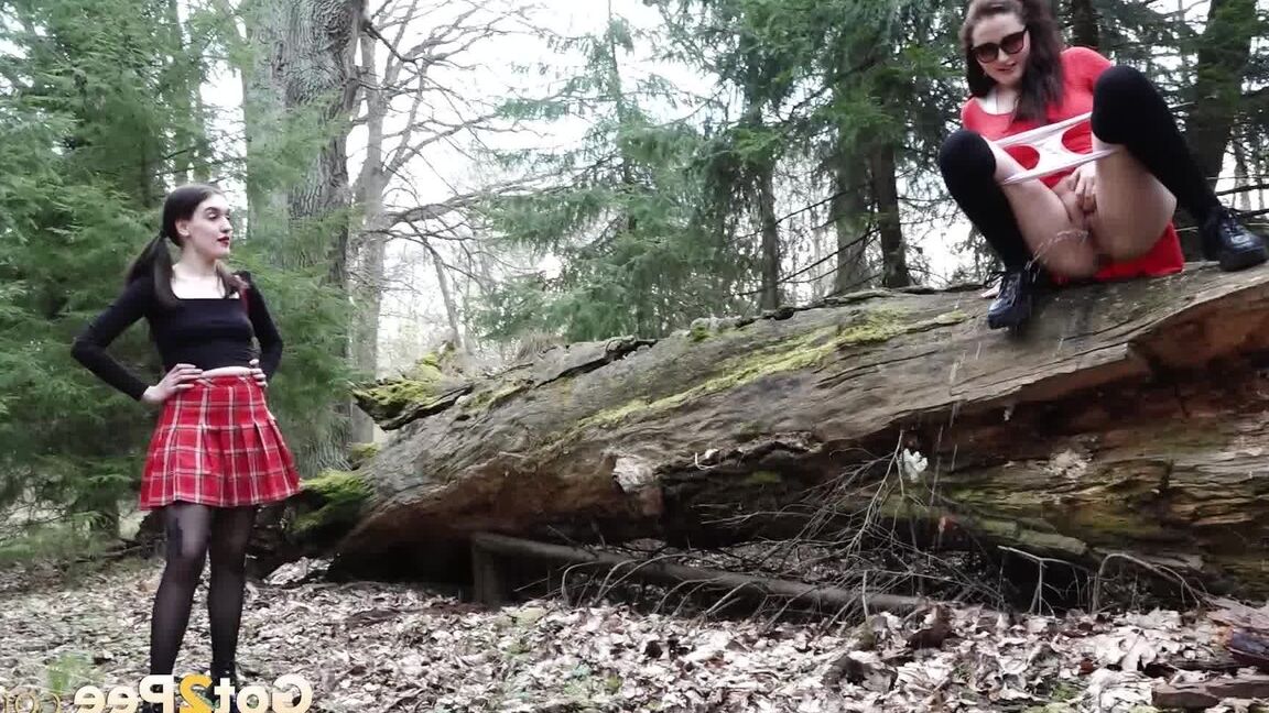 15P Sexy brunette takes a piss on a fallen tree while her girlfriend watches