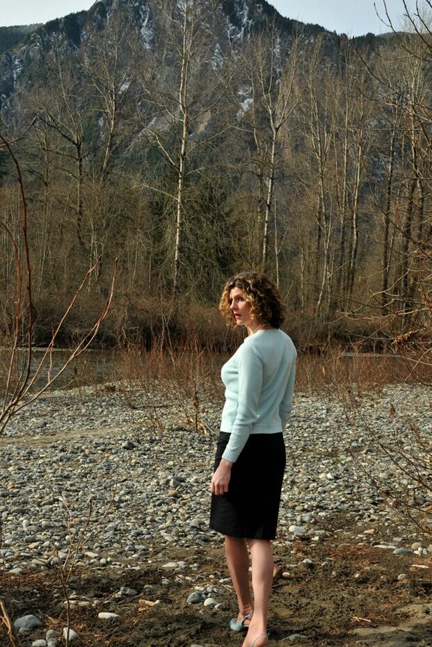 15P Seductive transwoman in stockings and sheer panties outside by a river
