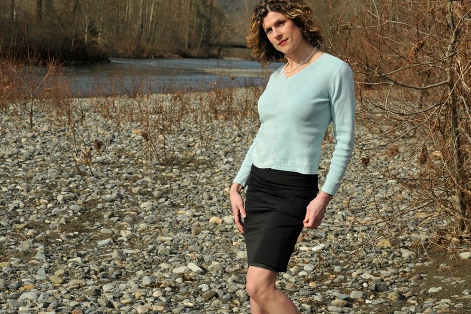 15P Seductive transwoman in stockings and sheer panties outside by a river