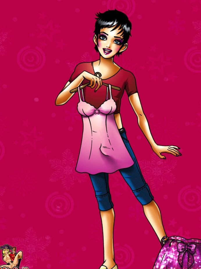 12P Short-haired anime babe posing with shemale bombshells at the mall