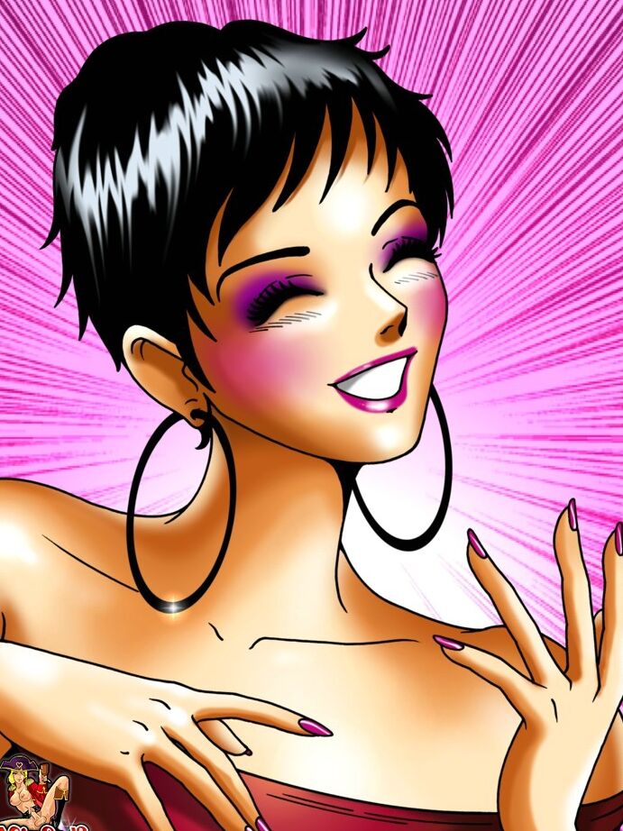 12P Short-haired anime babe posing with shemale bombshells at the mall