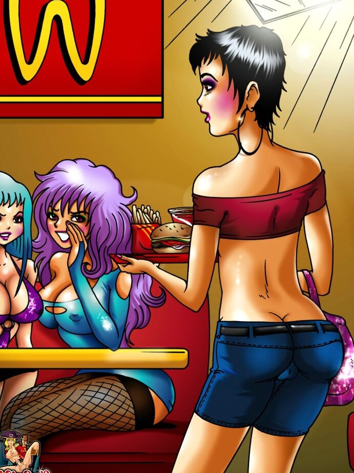 12P Short-haired anime babe posing with shemale bombshells at the mall