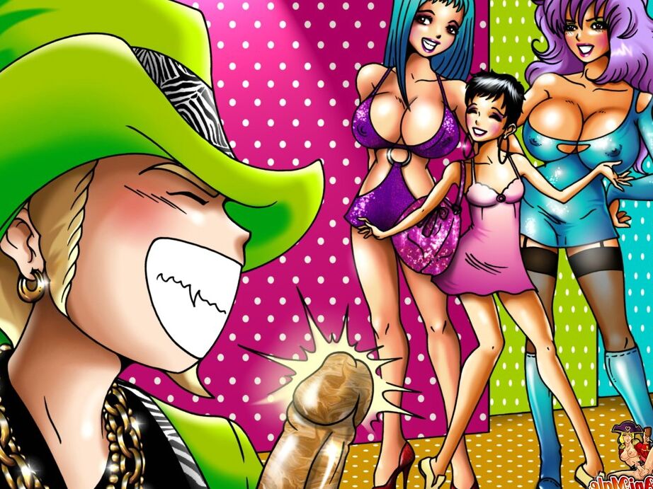 12P Short-haired anime babe posing with shemale bombshells at the mall