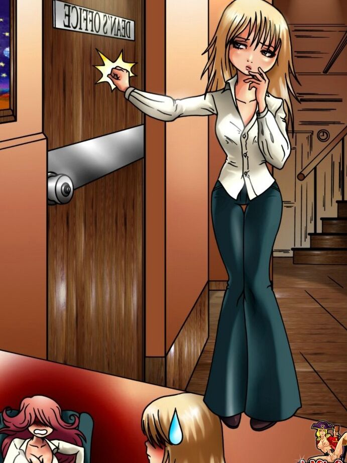 13P Bootylicious blonde gets bent over the desk and fucked by a shemale dean