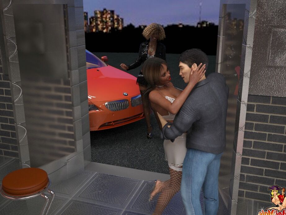 21P Animated black transsexuals with big tits fuck a white guy in a car workshop