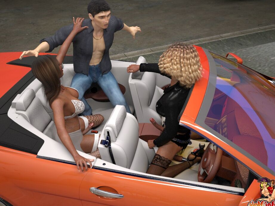 21P Animated black transsexuals with big tits fuck a white guy in a car workshop