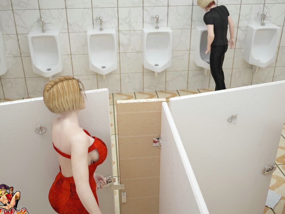 20P Travesti animada em um vestido vermelho se masturba para uma foda bissexual no banheiro