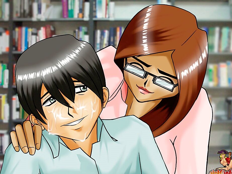 12P Bibliotecária t-girl animada com tesão expõe seu pau e penetra garoto tímido