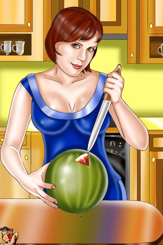 12P Redheaded tranny MILF sticks her dong in a watermelon before sex with a ginger