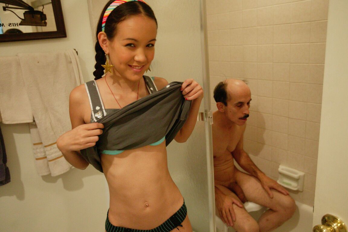 19P Petite Asian Amai Liu humping an older man with a long weiner in the bathroom