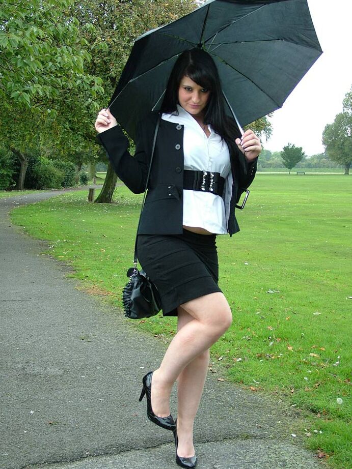 16P Fully clothed model Nicola takes a walk on park pathway in her new black pumps