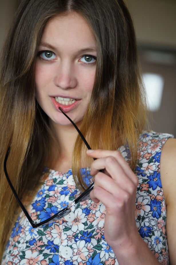 18P Teen in glasses Solveig showing her loose meat close up in the couch