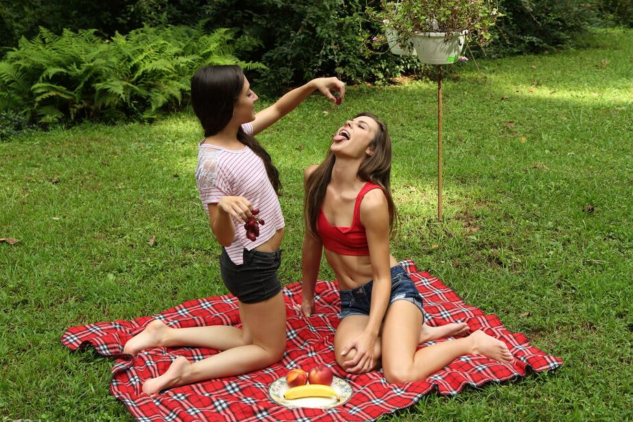 16P Teen lesbians Freya Von Doom & Ally Tate appease twats in a yard on a blanket