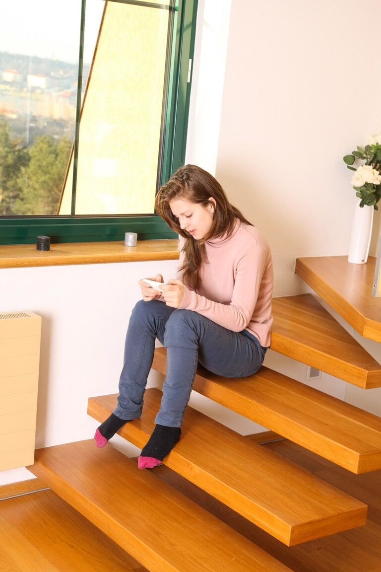17P Teen Suzi D sits down on the stairs, nudes her pussy and rubs it with a finger