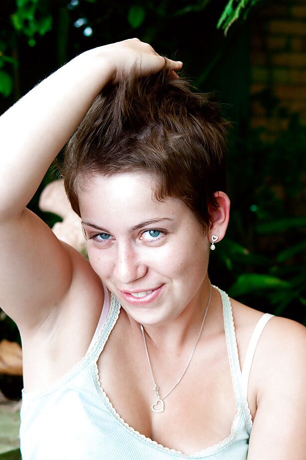 16P Short haired first timer Tamra undresses outdoors and spreads hairy twat