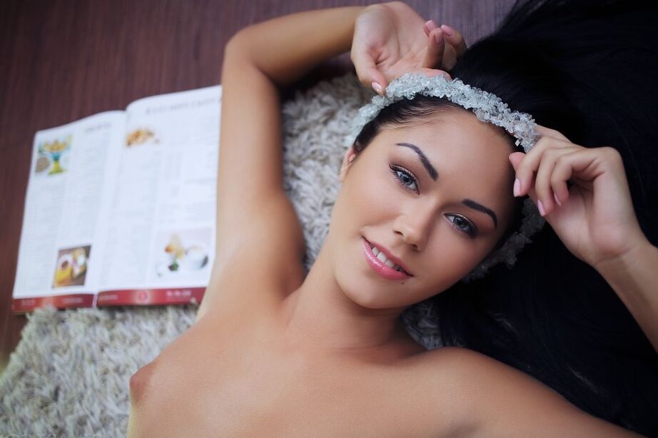 12P Gorgeous erotic model Macy B in stockings fingers her smooth vagina close up