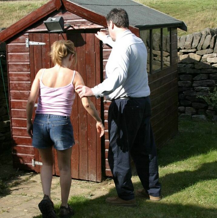 10P Caucasian girl is taken into a shed for a much-needed spanking