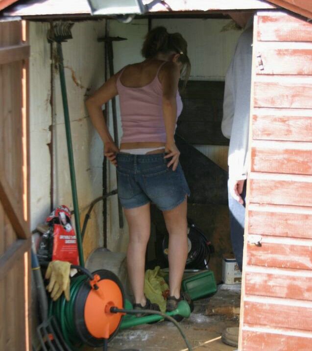 10P Caucasian girl is taken into a shed for a much-needed spanking