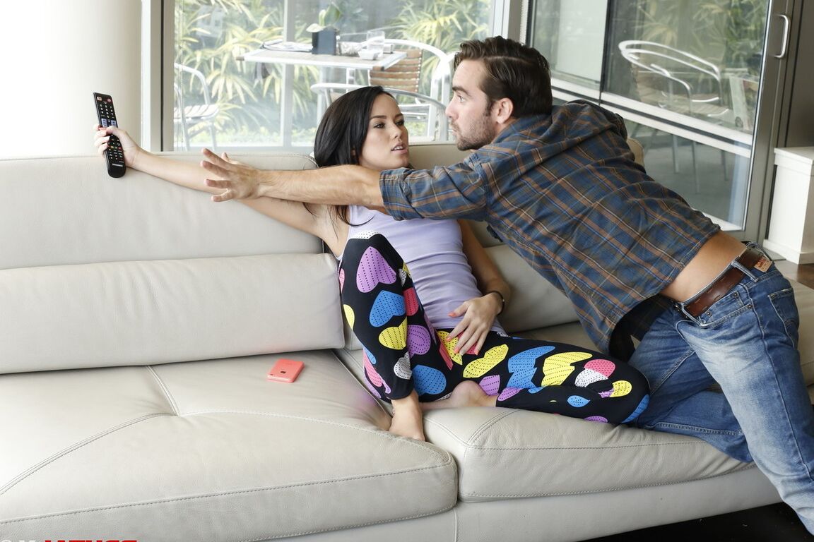 15P Young brunette Megan Rain gags on a cock before getting banged in hot leggings