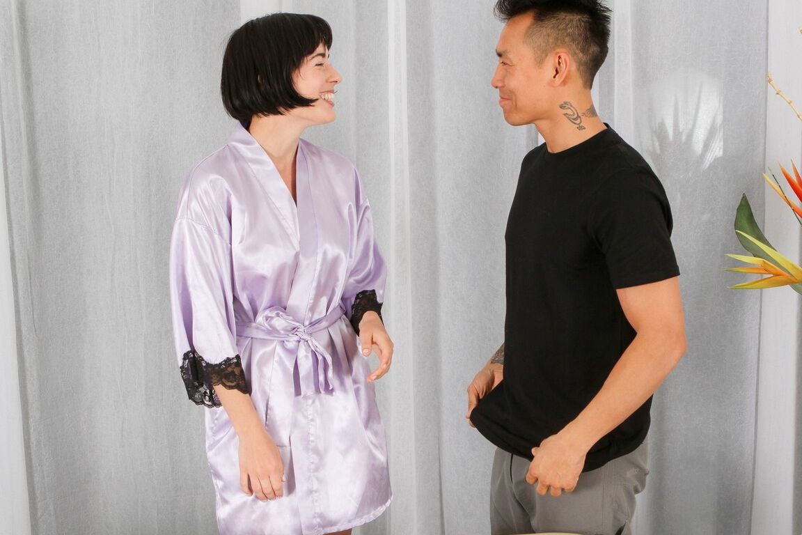 15P Dark haired masseuse Coco sheds satin robe before sucking off her next client