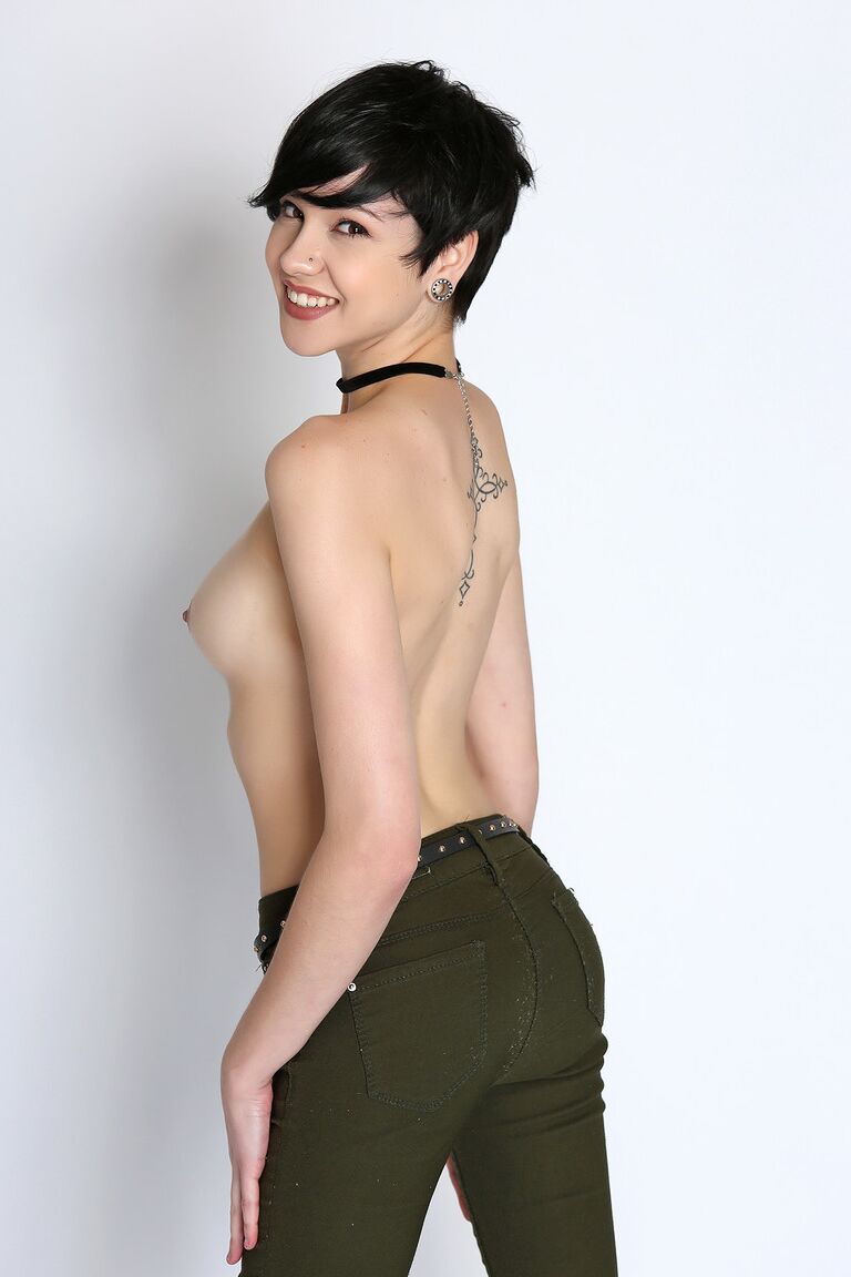 17P Short haired hot girl Cadey Mercury unveils her tiny tits in solo stirptease