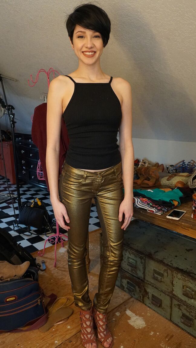 17P Short haired hot girl Cadey Mercury unveils her tiny tits in solo stirptease