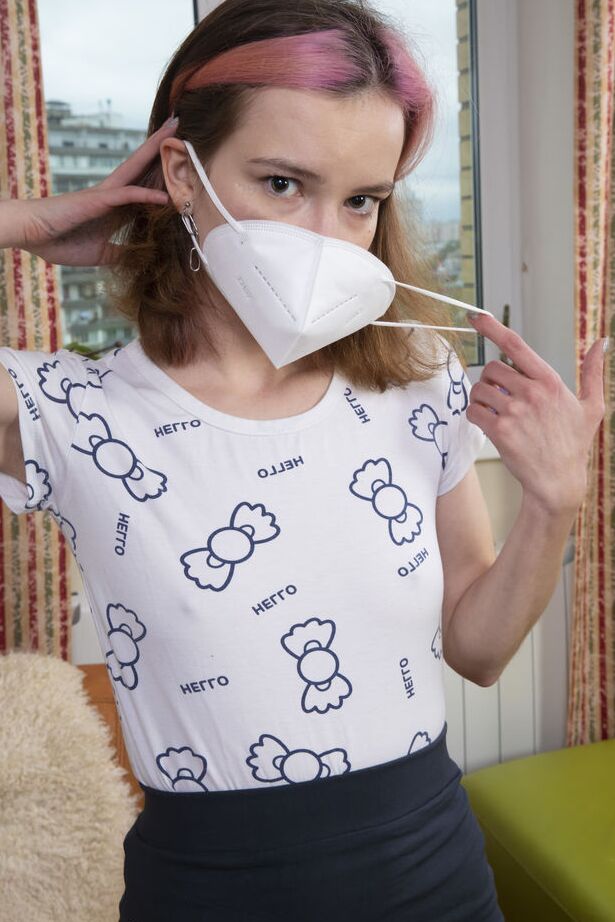 16P Barely legal girl Alice Paradise removes her mask while getting naked in socks