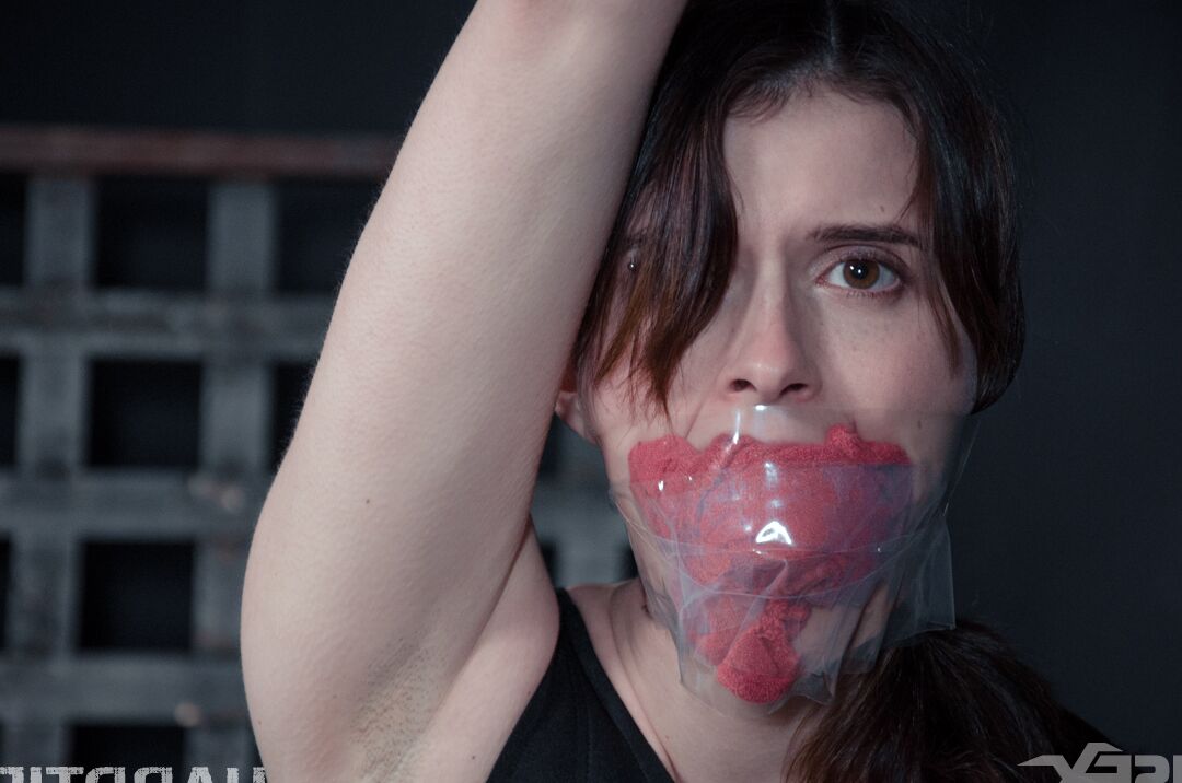 14P Naked female Sosha Belle is gagged and suspended by ropes in a dungeon