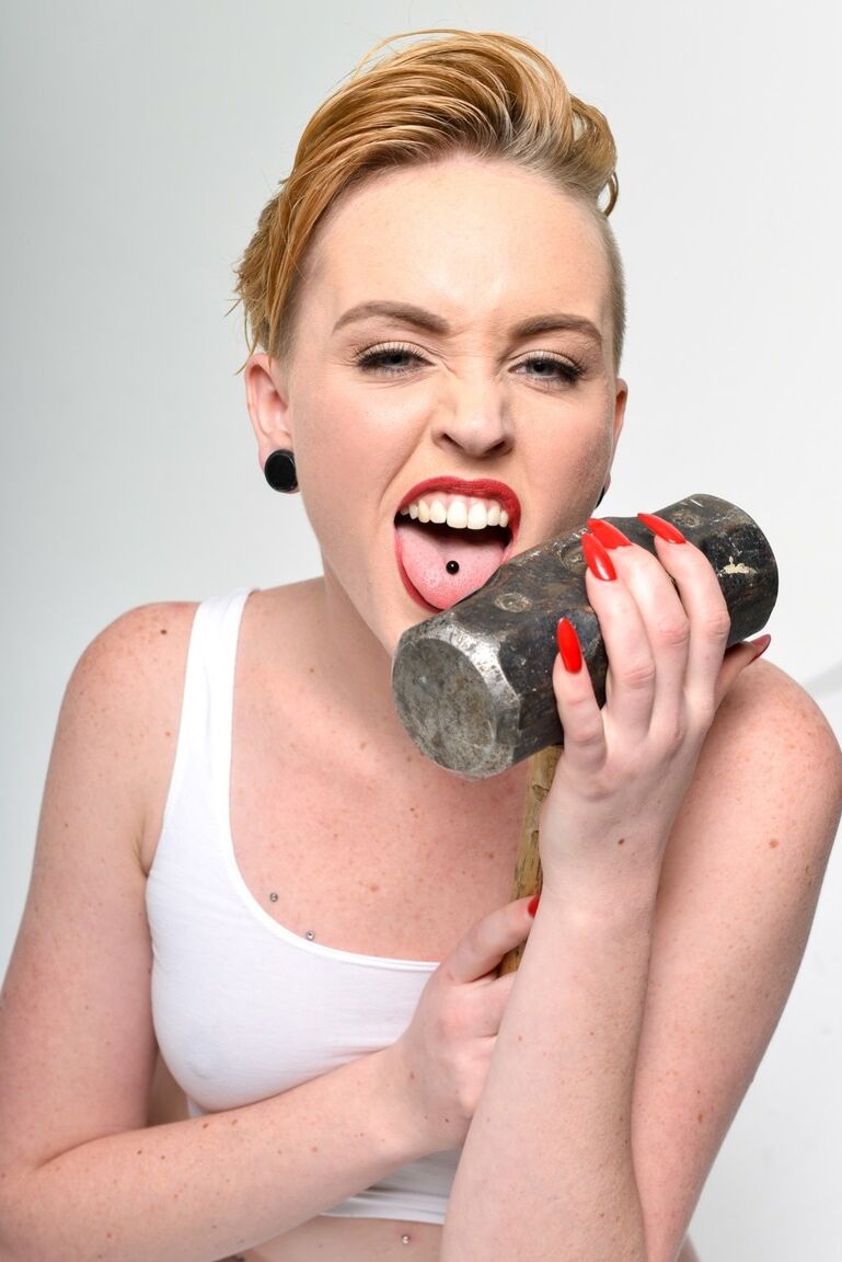 15P Blonde bombshell Miley Mae in white panties showing sexy pierced tongue