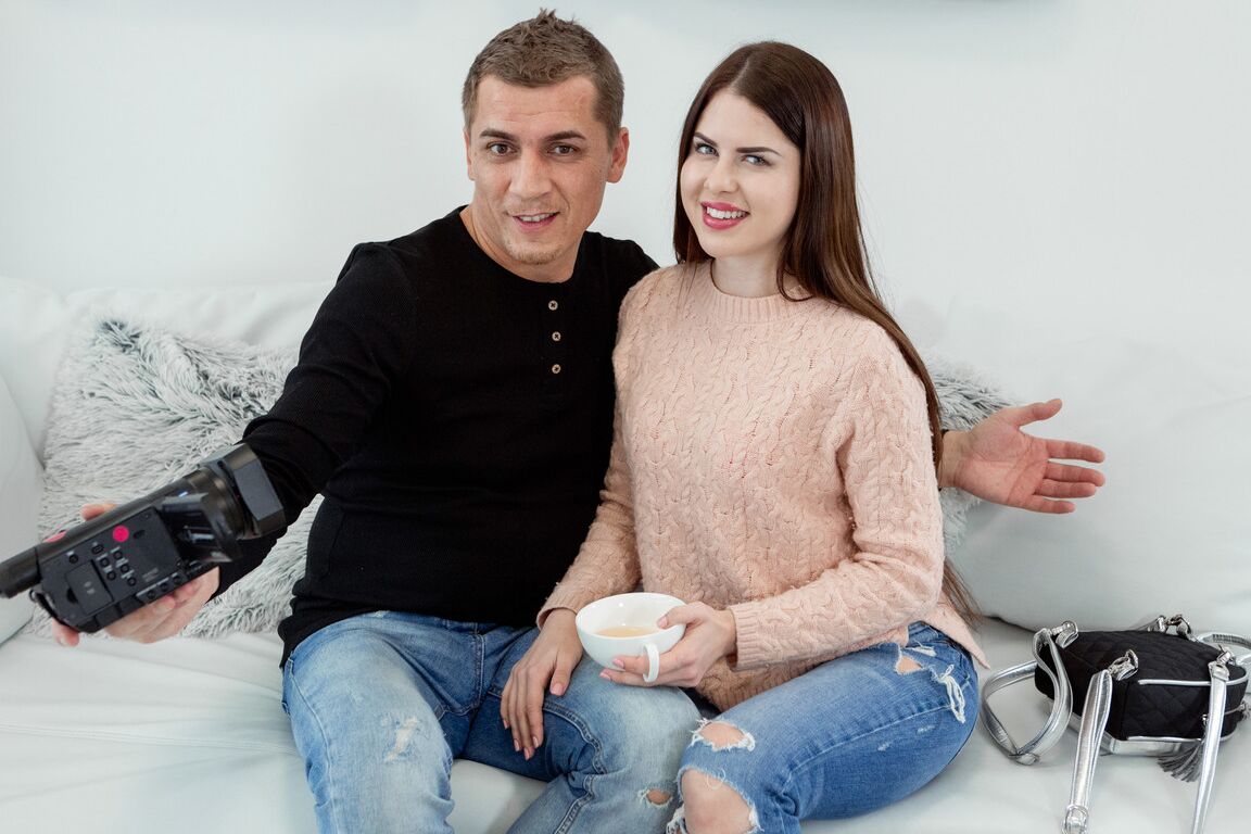 21P Brunette Russian babe Cassie Fire getting a thorough hardcore fuck on a couch