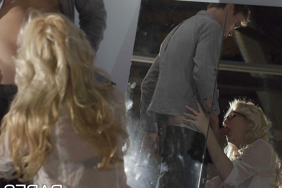 16P Nerdy blonde secretary Samantha Rone giving CFNM blowjob on knees a work