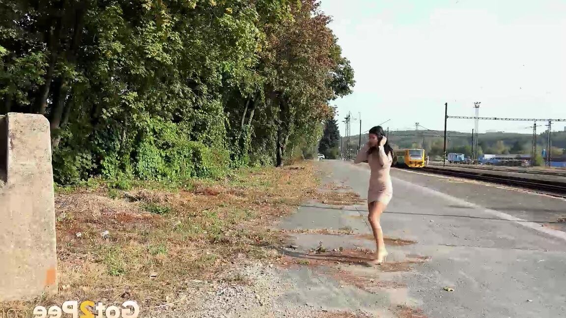 15P 黒髪の少女レディ・ディーがおしっこをするために道路脇をさまよっている