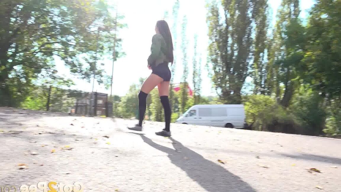 15P White girl Katy Rose takes a piss on a road while wearing hooker socks