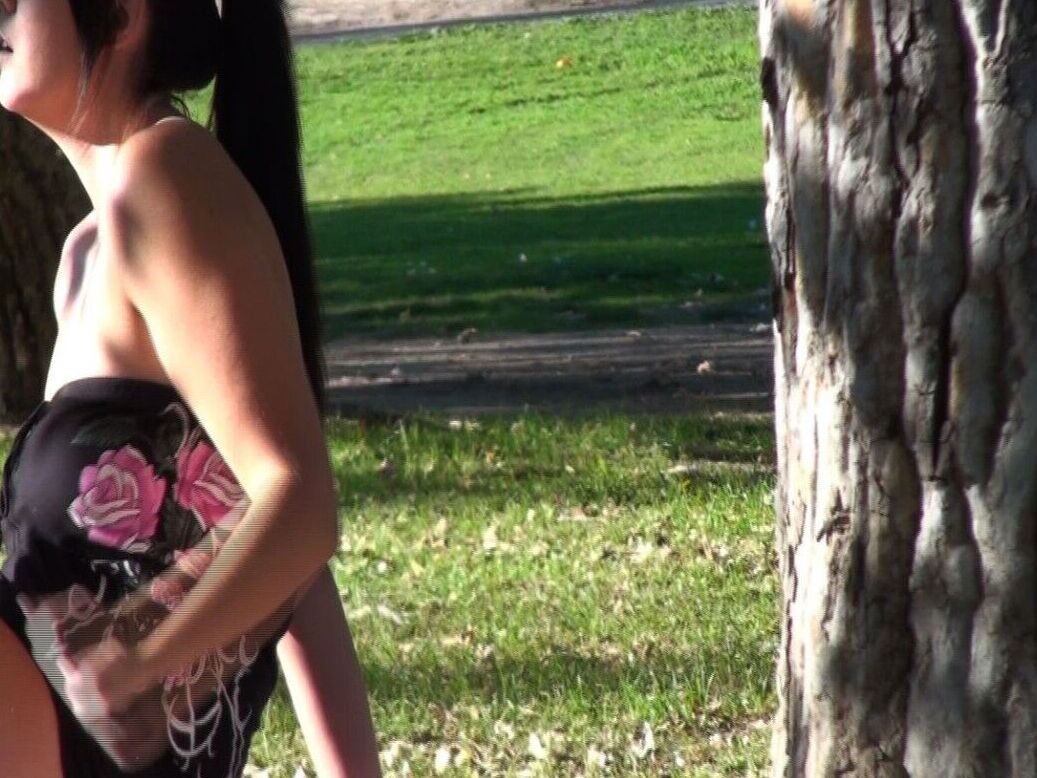17P Voyeur Kinky pega a morena gostosa Allison Tyler caminhando com seu vestido no parque
